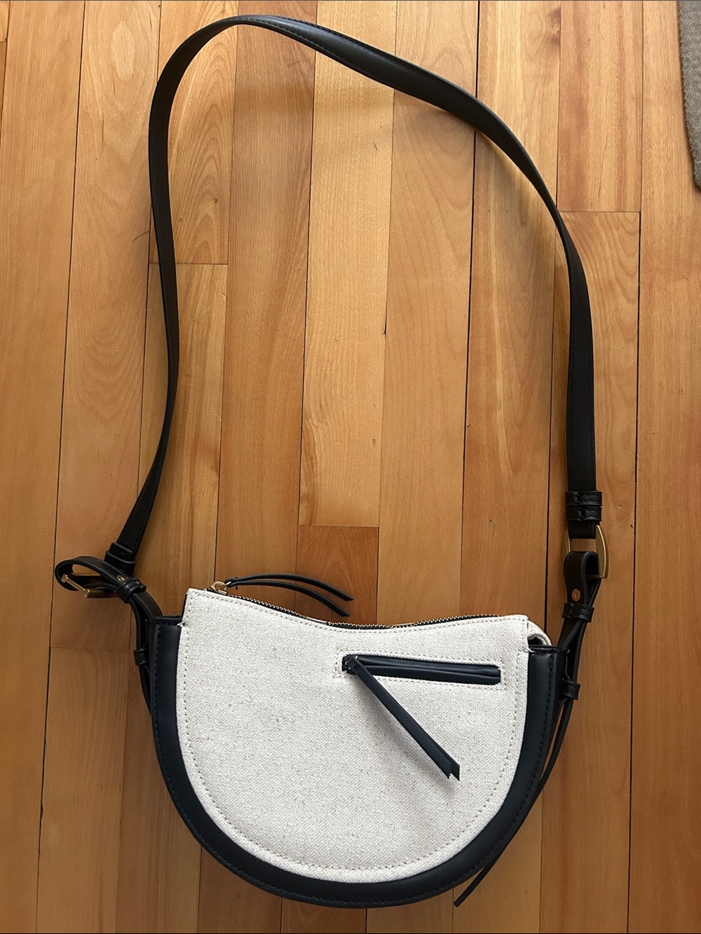Zara Cream Canvas and Faux Leather Crescent Crossbody